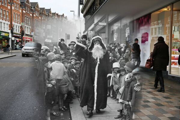 Коллаж из фотографий рождественского Лондона 1926 и 2014 годов. Станция Клэпхем