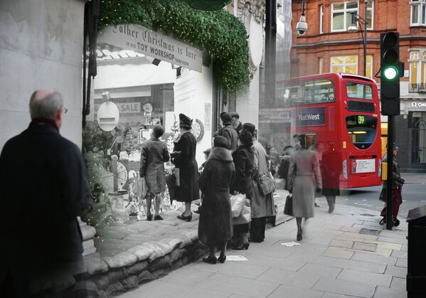 Коллаж из фотографий рождественского Лондона 1935 и 2014 годов. Универмаг Селфбриджес