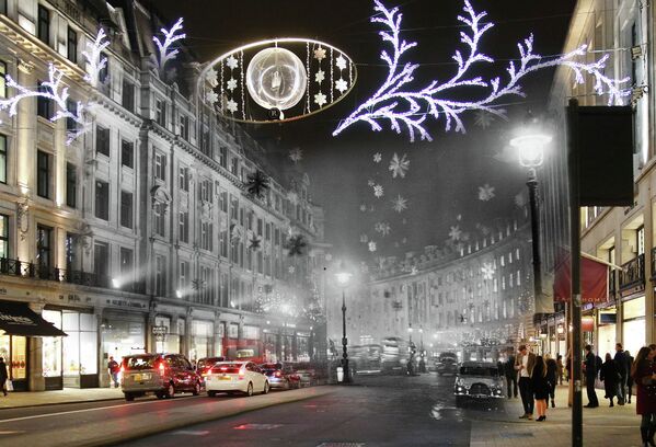 Коллаж из фотографий рождественского Лондона 1955 и 2014 годов. Риджент-стрит