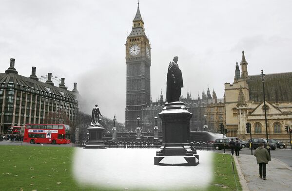 Коллаж из фотографий рождественского Лондона 1938 и 2014 годов. Парламентская площадь