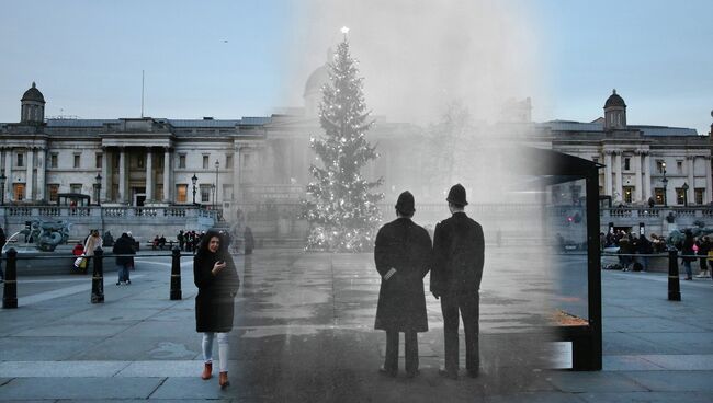 Коллаж из фотографий рождественского Лондона 1948 и 2014 годов. Трафальгарская площадь