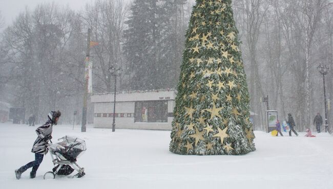 Женщина с коляской во время снегопада в Москве