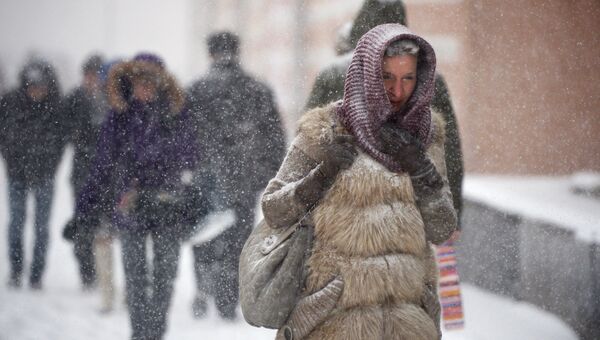 Прохожие на одной из улиц Москвы во время снегопада