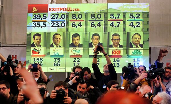 Экран с результатами экcит-полла в ходе досрочных выборов депутатов парламента Греции. 25 января 2015 года