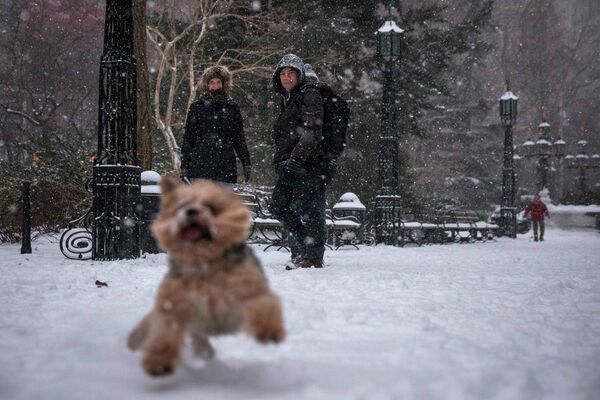 Люди гуляют во время снегопада в Нью-Йорке, США