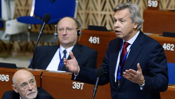 Алексей Пушков выступает на пленарном заседании зимней сессии Парламентской ассамблеи Совета Европы. Архивное фото