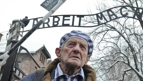 Бывший узник во время памятных мероприятий на территории бывшего нацистского концлагеря Аушвиц-Биркенау. Архивное фото