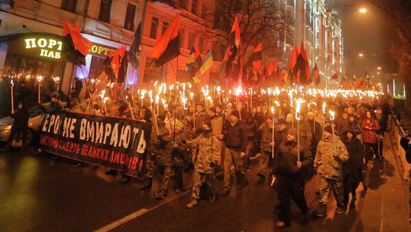 Украинские националисты во время факельного шествия в Киеве. Украина, 1 января 2015 год