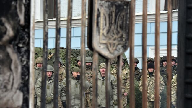 Боецы батальона Айдар во время беспорядков у ворот Минобороны Украины. 2 февраля 2015.