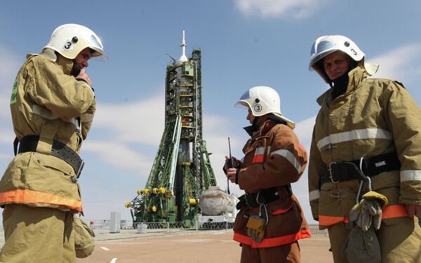 Подготовка к пуску космического корабля Союз ТМА-21 Гагарин на космодроме Байконур