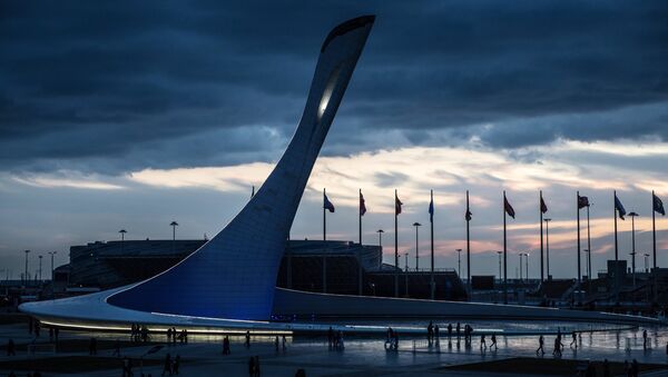 Чаша Олимпийского огня во время открытия скульптурной композиции Стена чемпионов Игр в Сочи. Архивное фото