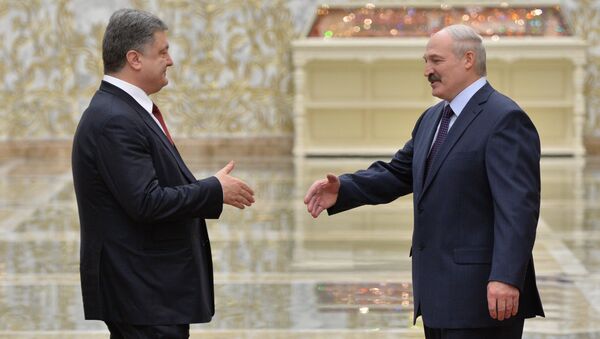 Президент Украины Петр Порошенко и президент Белоруссии Александр Лукашенко во время встречи во Дворце независимости в Минске. Архивное фото