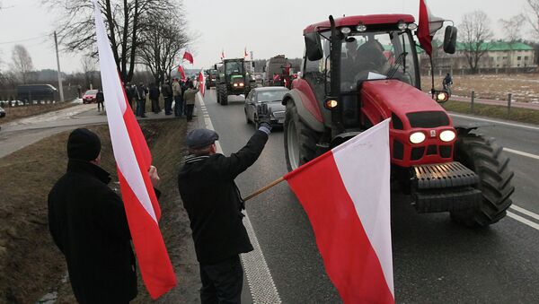 Польские фермеры по пути к месту проведения митинга в Варшаве. 11 февраля 2015