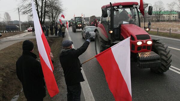 Польские фермеры по пути к месту проведения митинга в Варшаве. 11 февраля 2015