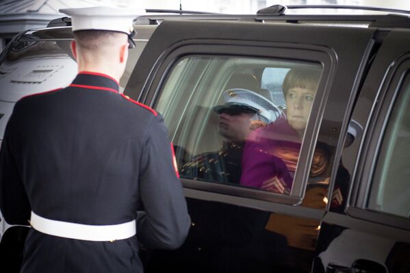 Канцлер Германии Ангела Меркель прибывает на встречу с президентом США Бараком Обамой