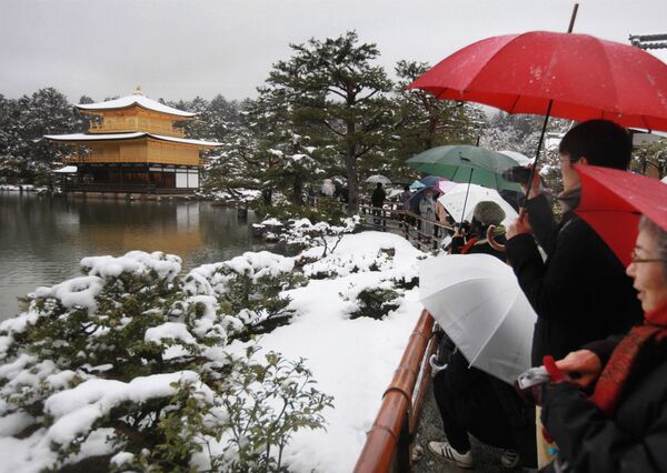 Туристы смотрят на храм в Киото