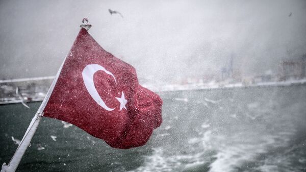 Турецкий флаг на судне в проливе Босфора. 18 февраля 2015. Архивное фото