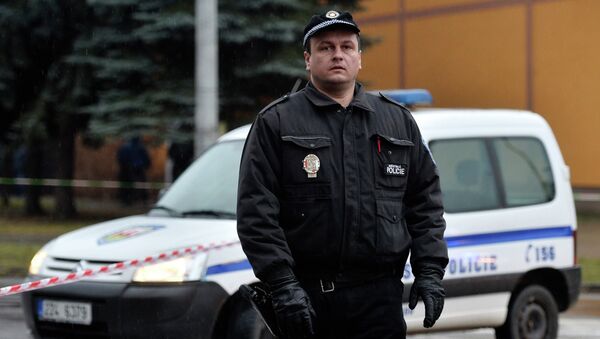 Полицейский возле ресторана в городе Угерский Брод, Чехия