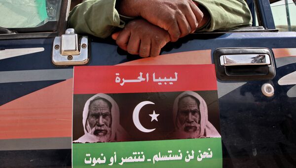 Боец оппозиции и флаг восставших с портретом национального героя Ливии Омара Аль-Мухтара. Архивное фото