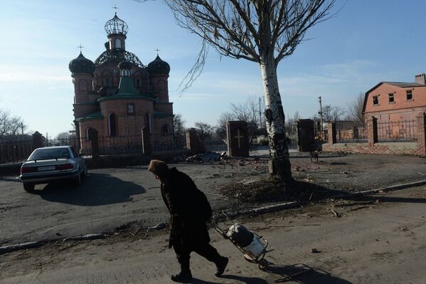 Женщина везет тележку с углем в поселке Октябрьский рядом с аэропортом города Донецка
