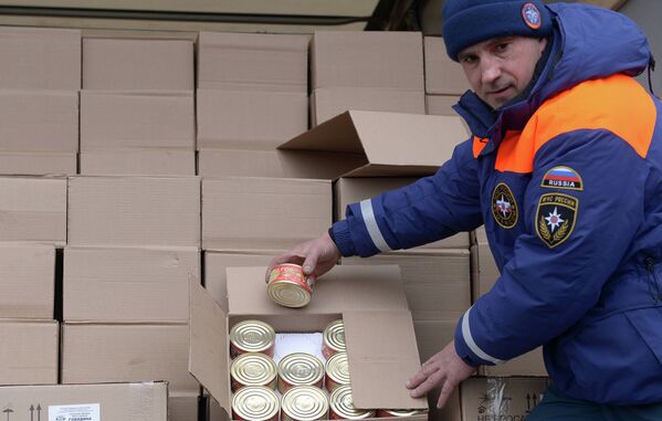 Сотрудник МЧС России демонстрирует банки с тушеной говядиной - гуманитарный груз одного из грузовых автомбилей шестнадцатого российского гуманитарного конвоя