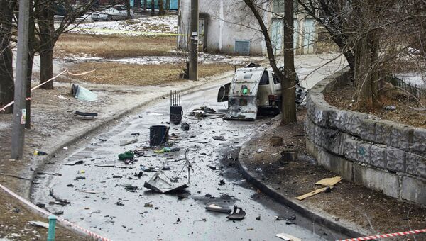 На месте взрыва автомобиля командира батальона патрульной службы милиции Слобожанщина в Харькове