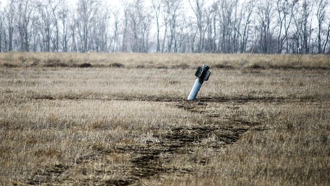 Неразорвавшийся боеприпас в поле в Донбассе. Архивное фото