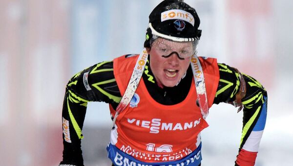 Француженка Мари Дорен-Абер. Чемпионат мира по биатлону в Контиолахти, Финляндия.