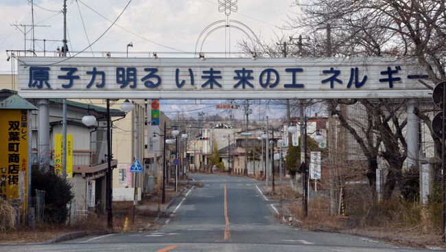 Надпись на главной улице города Футаба, что неподалеку от АЭС Фукусима: Атомная энергия - энергия светлого будущего, Япония. 10 марта 2014