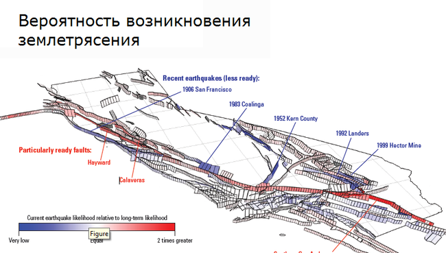 Вероятностная карта землетрясений в Калифорнии. Красным отмечены три наиболее вероятных точки мощнейших толчков