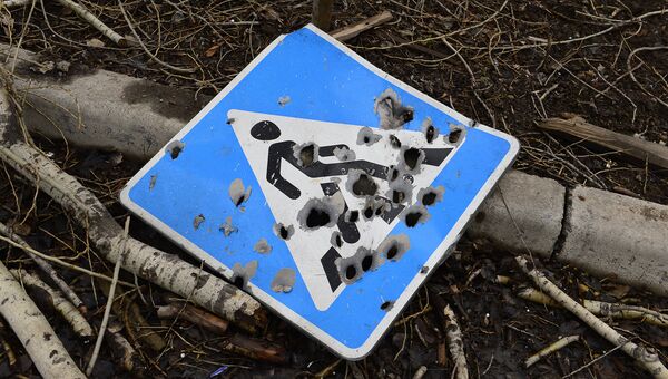 Дорожный знак со следами пуль возле Донецка. Архивное фото