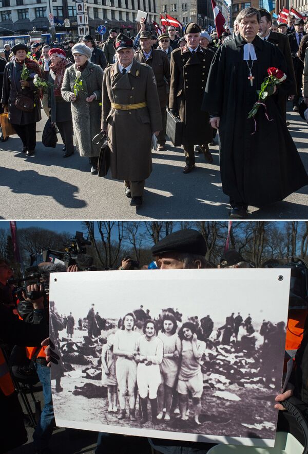 Комбинированное изображение: участники шествия, посвященного памяти латышских легионеров войск СС, в городе Риге и участник акции протеста антифашистов против публичных мероприятий по случаю дня памяти латышского легиона Ваффен СС у памятника Свободы