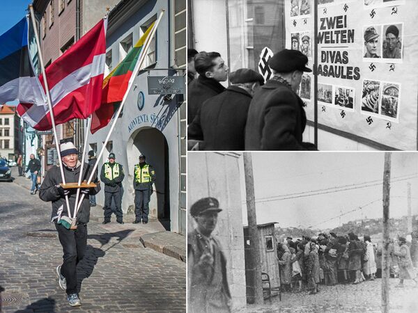 Комбинированное изображение фотографии Марша СС 16 марта в Риге, антисемитской пропаганды в Латвии 1941 года и фотографии еврейских женщин в гетто на территории Литвы.твии и еврейские женщины в гетто