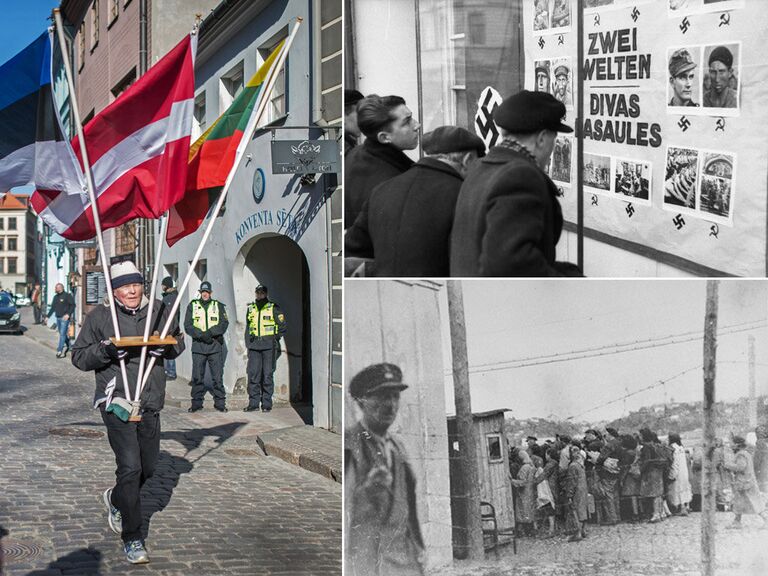 Комбинированное изображение фотографии Марша СС 16 марта в Риге, антисемитской пропаганды в Латвии 1941 года и фотографии еврейских женщин в гетто на территории Литвы.твии и еврейские женщины в гетто