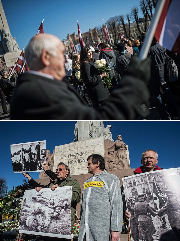 Участники шествия, посвященного памяти латышских легионеров войск СС, в городе Риге и антифашисты на акции протеста против публичных мероприятий по случаю дня памяти латышского легиона Ваффен СС у памятника Свободы
