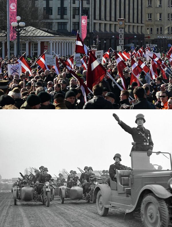 Комбинированное изображение фотографии шествия, посвященного памяти латышских легионеров войск СС, в городе Риге 16 марта 2015 и фотографии войска СС на нацистском марше в 1939 году