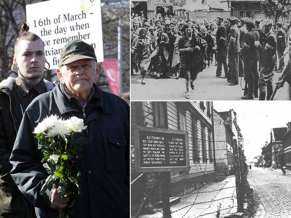 Комбинированное изображение фотографии Марша СС 16 марта в Риге, патруль сгоняет еврейских женщин в гетто в Ковно в 1941 году, а так же таблички возле рижского гетто