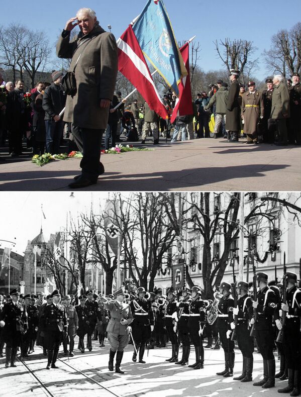 Комбинированное изображение фотографии шествия, посвященного памяти латышских легионеров войск СС, в Риге 16 марта 2015 и фотографии Адольфа Гитлера, приветствующего солдат в Клагенфурте 1 апреля 1938