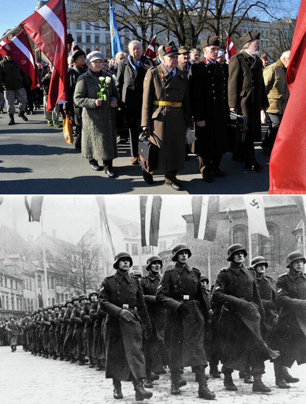 Комбинированное изображение фотографии шествия, посвященного памяти латышских легионеров войск СС, в Риге 16 марта 2015 и фотографии Латвийского добровольческого легиона СС