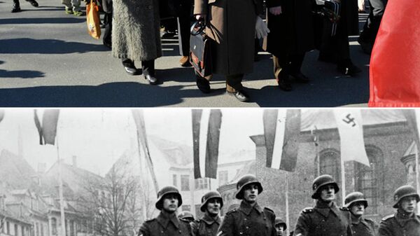 Комбинированное изображение фотографии шествия, посвященного памяти латышских легионеров войск СС, в Риге 16 марта 2015 и фотографии Латвийского добровольческого легиона СС