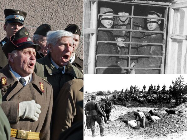 Комбинированное изображение фотографии Марша СС 16 марта в Риге, фотографии еврейских заключенных в лагере и обреченных, роющих себе могилу перед расстрелом в 1941 году.