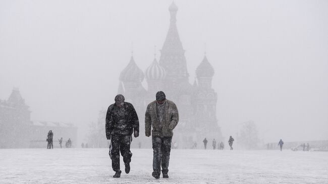 Жители столицы на Красной площади во время снегопада в Москве. Архивное фото