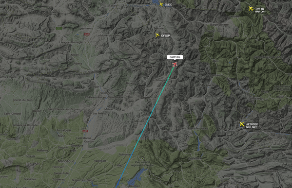 Последнее местоположение самолета Airbus A320 авиакомпании Germanwings, потерпевшего крушение во Франции