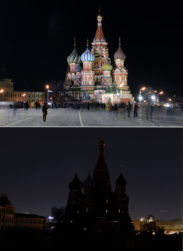 Вид на Храм Василия Блаженного с подсветкой и после ее отключения в рамках экологической акции Час Земли
