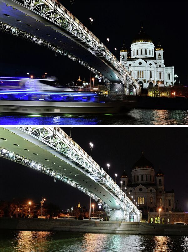 Вид на храм Христа Спасителя до и после отключения подсветки в рамках экологической акции Час Земли