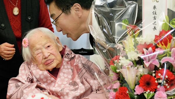 Старейшая жительница планеты Мисао Окава на своем 117-м дне рождения