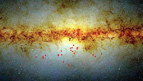 Карта Млечного Пути, красными точками отмечено расположение двойных мигающих звезд