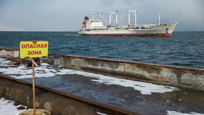 Судно Андромеда, доставившее выживших моряков и тела погибших членов экипажа с затонувшего траулера Дальний Восток, в порту Корсакова.