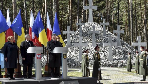 Президент Украины Петр Порошенко и президент Польши Бронислав Коморовский во время посещения мемориала Быковнянские могилы, Украина