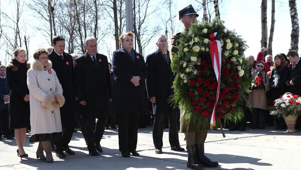 Польская делегация во время траурного мероприятия, посвященного пятой годовщине со дня авиакатастрофы польского самолета Ту-154 под Смоленском. Архивное фото
